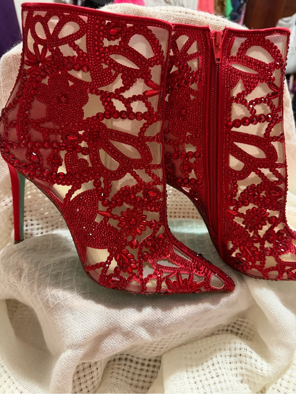 Betsey Johnson Red Embellished Lace Stiletto Ankle Boots